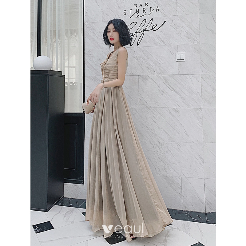 Fashion Khaki Evening Party Split Front Evening Dresses 2022 A-Line / Princess V-Neck Sleeveless Backless Floor-Length / Long Formal Dresses