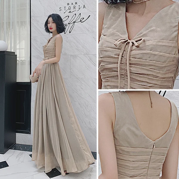 Fashion Khaki Evening Party Split Front Evening Dresses 2022 A-Line / Princess V-Neck Sleeveless Backless Floor-Length / Long Formal Dresses