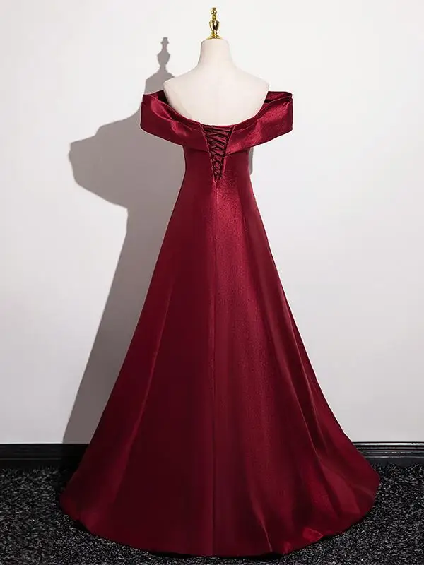 Minimalist Burgundy Satin Prom Dresses 2025 A-Line / Princess Off-The-Shoulder Short Sleeve Backless Floor-Length / Long Prom Formal Dresses