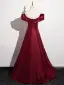Minimalist Burgundy Satin Prom Dresses 2025 A-Line / Princess Off-The-Shoulder Short Sleeve Backless Floor-Length / Long Prom Formal Dresses