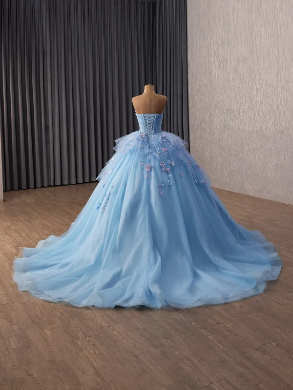 Blumenfee Himmelblau Applikationen Perle Ballkleider 2026 Ballkleid Bandeau Ärmellos Rückenfreies Kapelle-Schleppe Festliche Kleider