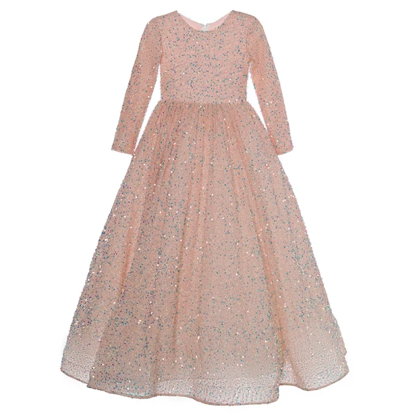 Scintillantes Rougissant Rose Paillettes Robe Ceremonie Fille 2022 Robe Boule Encolure Dégagée Manches Longues Noeud Longue Promo Robe Ceremonie Fille