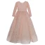 Scintillantes Rougissant Rose Paillettes Robe Ceremonie Fille 2022 Robe Boule Encolure Dégagée Manches Longues Noeud Longue Promo Robe Ceremonie Fille