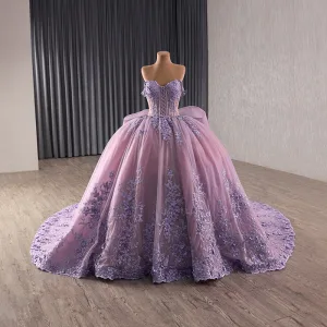 High End Purple Håndlaget Blonder Blomst Perle Rhinestone Ballkjoler 2025 Ballkjole Strapless Uten Ermer Ryggløse Sløyfe Cathedral Train