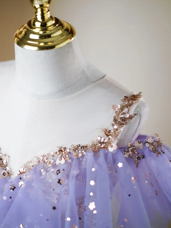 Fashion Lavender Beading Star Sequins Lace Flower Asymmetrical Birthday Flower Girl Dresses 2024 Ball Gown Scoop Neck Sleeveless Tulle