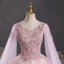 Elegant Blushing Pink Sequins Lace Flower Prom Dresses 2023 Ball Gown V-Neck Short Sleeve Backless Floor-Length / Long Prom Formal Dresses