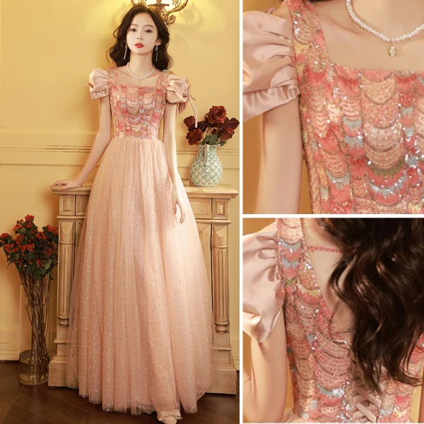 Fashion Pearl Pink Sequins Evening Dresses A-Line / Princess 2023 Square Neckline Bow Short Sleeve Backless Floor-Length / Long Evening Party Formal Dresses