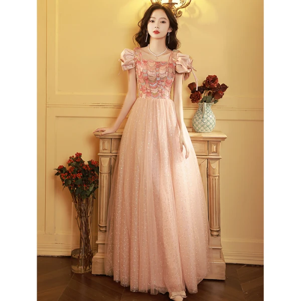 Fashion Pearl Pink Sequins Evening Dresses A-Line / Princess 2023 Square Neckline Bow Short Sleeve Backless Floor-Length / Long Evening Party Formal Dresses