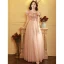 Fashion Pearl Pink Sequins Evening Dresses A-Line / Princess 2023 Square Neckline Bow Short Sleeve Backless Floor-Length / Long Evening Party Formal Dresses