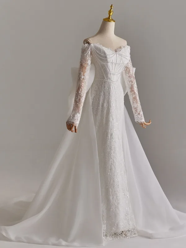 Elegante Schöne Weiß Perle Pailletten Spitze Blumen Applikationen Brautkleider / Hochzeitskleider 2025 Meerjungfrau Off Shoulder Lange Ärmel Rückenfreies Schleife