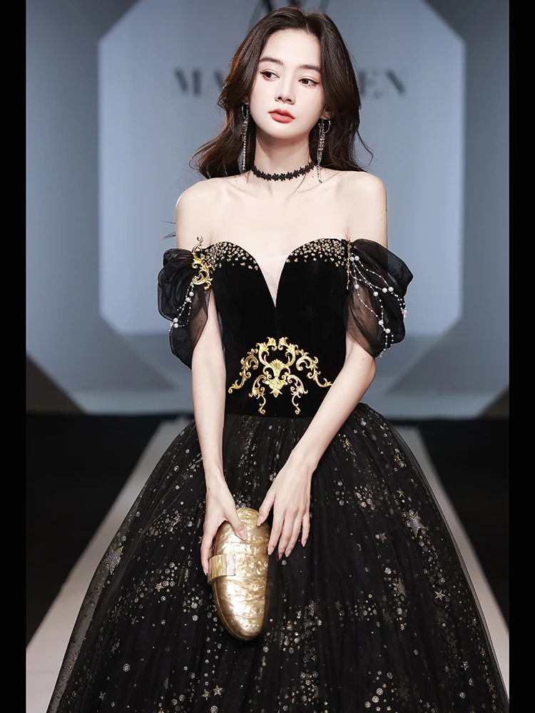 Charming Black Gold Beading Pearl Sequins Prom Dresses 2024 Ball Gown Off  The Shoulder Short Sleeve Backless Floor Length Long Prom Formal Dresses