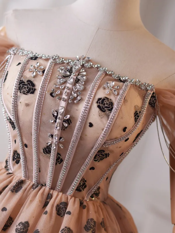 Charmig Rodnande Rosa Rhinestone Utskrift Korta Festklänningar 2025 Balklänning Av Axeln Korta ärm Halterneck Afton Formella Klänningar