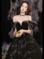 Charming Black Gold Beading Pearl Sequins Prom Dresses 2024 Ball Gown Off-The-Shoulder Short Sleeve Backless Floor-Length / Long Prom Formal Dresses