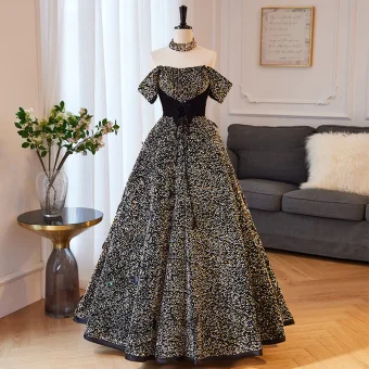 Bling Bling Noire Paillettes Robe De Bal 2023 Princesse De L Épaule Manches Courtes Dos Nu Noeud Longue Promo Robe De Ceremonie