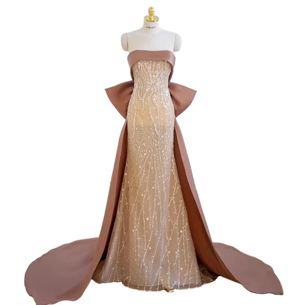 Charmant Champagne Perlage Paillettes Robe De Soirée 2022 Trompette / Sirène Bustier Sans Manches Dos Nu Noeud Tribunal Train Soirée Robe De Ceremonie
