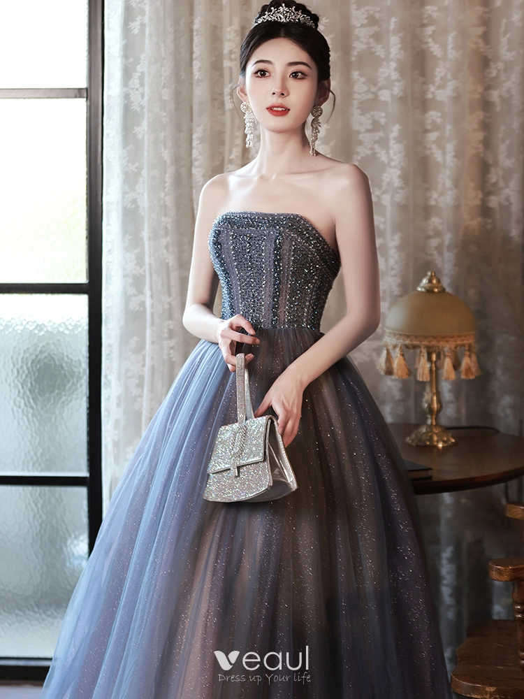 Charming Grey Beading Prom Dresses 2024 A-Line / Princess Off-The-Shoulder  Sleeveless Backless Floor-Length / Long Prom Formal Dresses