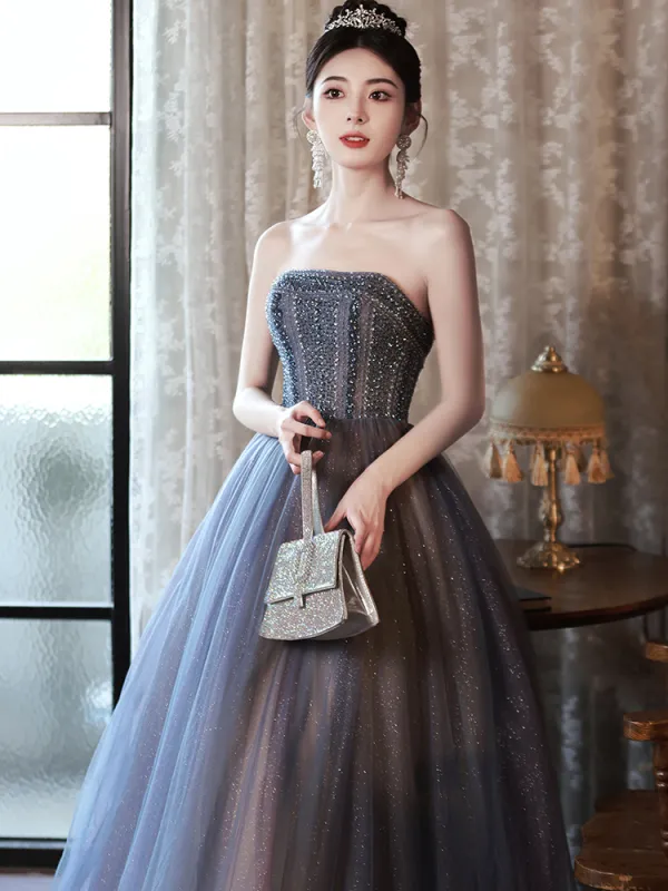 Encantador Gris Rebordear Vestidos de gala 2024 A Line Princess Fuera Del Hombro Sin Mangas Sin Espalda Largos Gala Vestidos Formales