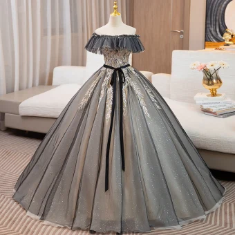 Elegant Black Sequins Lace Flower Prom Dresses 2024 Ball Gown Off The Shoulder Sleeveless Backless Bow Sash Floor Length Long Prom Formal Dresses