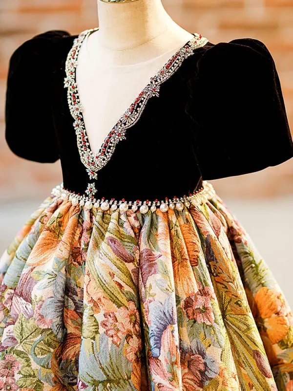 Vintage / Retro Black Pearl Rhinestone Printing Birthday Flower Girl Dresses 2024 Ball Gown Scoop Neck Short Sleeve Floor-Length / Long