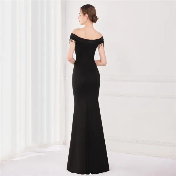 Sexy Black Satin Evening Dresses 2022 Trumpet / Mermaid Off-The-Shoulder Beading Tassel Sleeveless Backless Floor-Length / Long Evening Party Formal Dresses