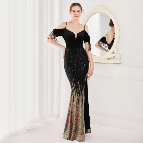 Charmant Doré Paillettes Robe De Soirée 2022 Trompette / Sirène Bretelles Spaghetti Manches Courtes Perlage Gland Dos Nu Longue Fendue devant Soirée Robe De Ceremonie