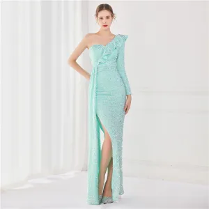 Sexy Mint Green Sequins Evening Dresses 2022 Trumpet Mermaid One Shoulder Long Sleeve Backless Floor Length Long Split Front Evening Party Formal Dresses