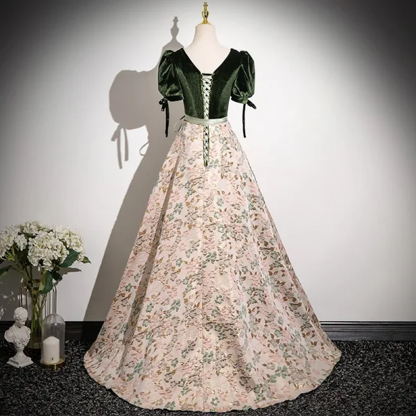 Elegant Sage Green Bow Sash Printing Prom Dresses 2025 A-Line / Princess Square Neckline Short Sleeve Backless Floor-Length / Long Formal Dresses