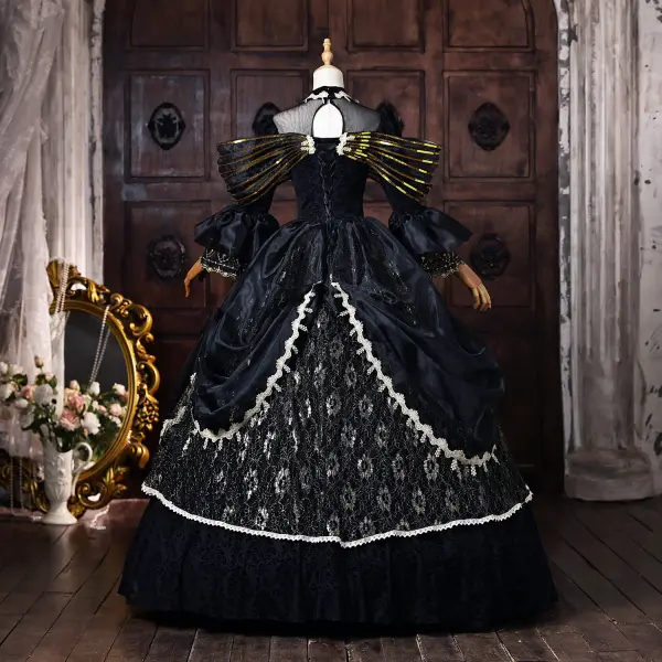 Vintage / Originale Médiévale Noire Paillettes En Dentelle Fleur Robe De Bal 2026 Robe Boule Col Haut Manches de cloche Dos Nu Longue Robe De Ceremonie