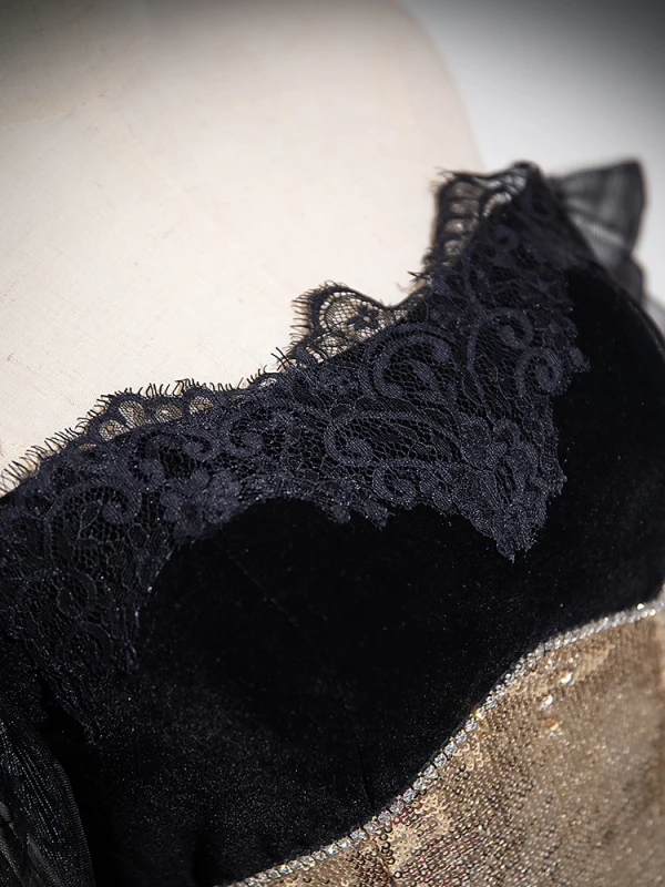 Sparkly Black Gold Sequins Lace Flower Prom Dresses 2024 Trumpet / Mermaid Off-The-Shoulder Short Sleeve Backless Bow Floor-Length / Long Prom Formal Dresses