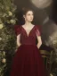 Chic / Beautiful Burgundy Beading Sequins Prom Dresses 2022 A-Line / Princess V-Neck Puffy Short Sleeve Backless Floor-Length / Long Formal Dresses