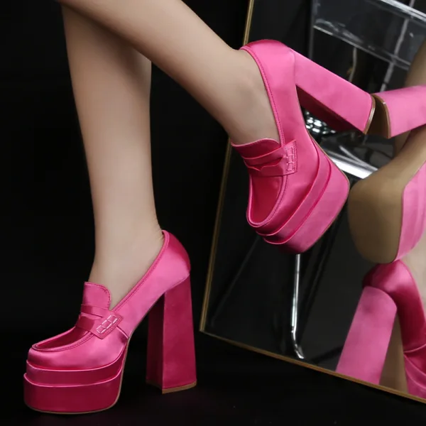 Fashion Fuchsia Cocktail Party Womens Shoes 2023 14 cm Thick Heels Round Toe Womens Shoes