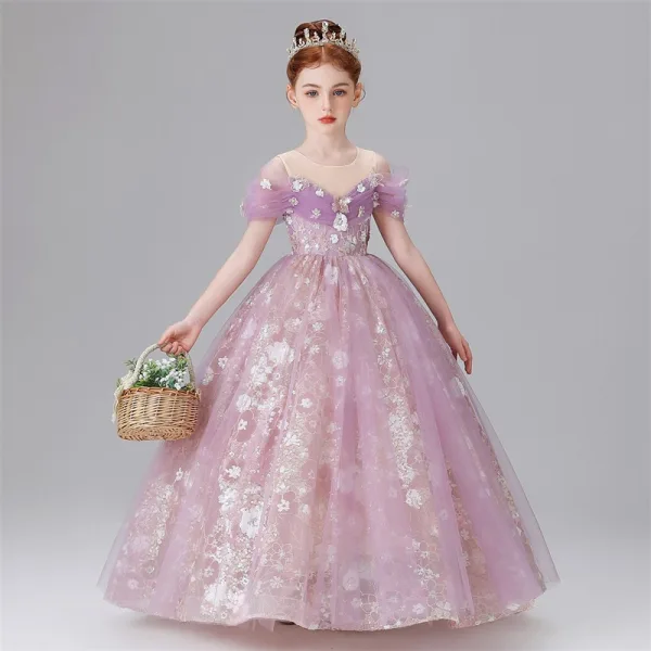 Chic / Beautiful Lavender Pearl Sequins Lace Flower Birthday Flower Girl Dresses 2025 Ball Gown Scoop Neck Short Sleeve Floor-Length / Long