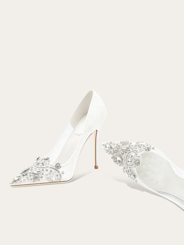 Elegante Kanten Rhinestone Witte Bruidsschoenen 2024 10 cm Naaldhakken / Stiletto Spitse Neus Huwelijk Pumps Hoge Hakken