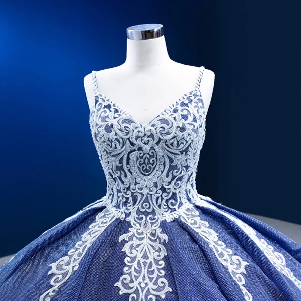High-end Ocean Blue Glitter Beading Lace Flower Prom Dresses 2023 Ball Gown Spaghetti Straps Sleeveless Backless Floor-Length / Long Prom Formal Dresses