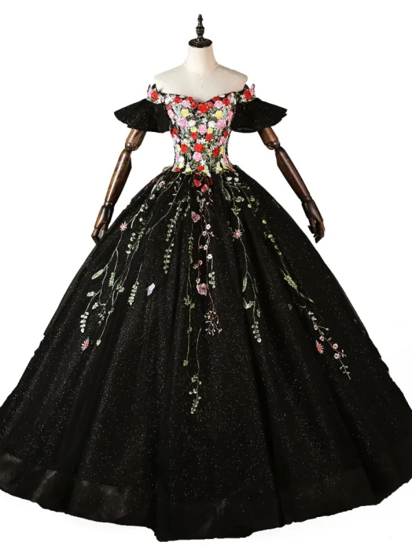 Flower Fairy Black Lace Flower Prom Dresses 2023 Ball Gown Off-The-Shoulder Short Sleeve Backless Floor-Length / Long Formal Dresses