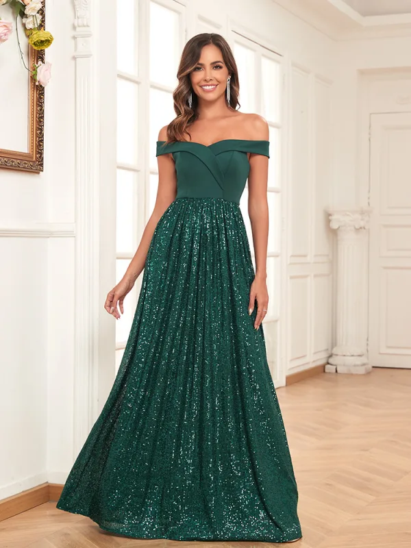 Bling Bling Dark Green Sequins Evening Dresses 2024 A-Line / Princess Off-The-Shoulder Sleeveless Backless Floor-Length / Long Evening Party Formal Dresses