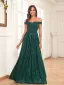 Bling Bling Dark Green Sequins Evening Dresses 2024 A-Line / Princess Off-The-Shoulder Sleeveless Backless Floor-Length / Long Evening Party Formal Dresses
