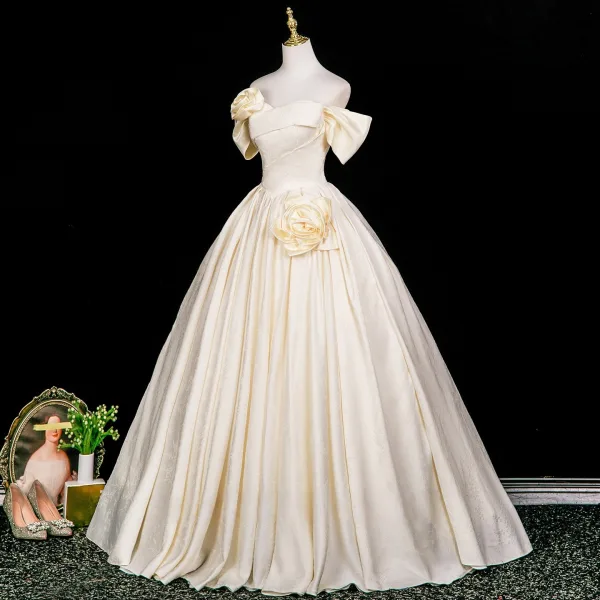 Elegant Champagne Appliques Prom Dresses 2025 Ball Gown Off-The-Shoulder Short Sleeve Backless Floor-Length / Long Prom Formal Dresses