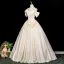 Elegant Champagne Appliques Prom Dresses 2025 Ball Gown Off-The-Shoulder Short Sleeve Backless Floor-Length / Long Prom Formal Dresses