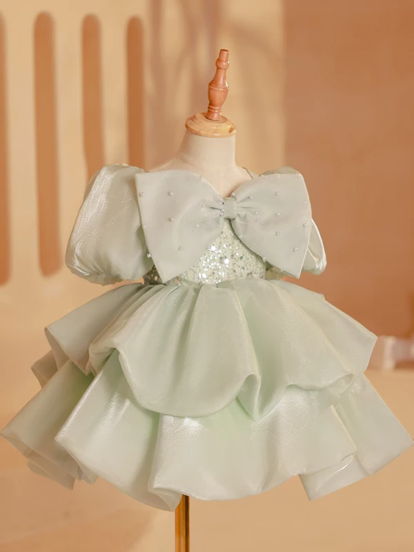 Fashion Sage Green Cascading Ruffles Beading Pearl Sequins Birthday Flower Girl Dresses 2023 Ball Gown Scoop Neck Bow Puffy Short Sleeve Short Backless
