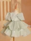 Fashion Sage Green Cascading Ruffles Beading Pearl Sequins Birthday Flower Girl Dresses 2023 Ball Gown Scoop Neck Bow Puffy Short Sleeve Short Backless