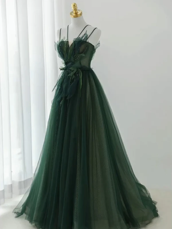 Charmant Vert Foncé Perlage Paillettes Robe De Soirée 2023 Princesse Bretelles Spaghetti Sans Manches Dos Nu Longue Soirée Robe De Ceremonie
