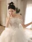 Charming White Tassel Pearl Cascading Ruffles Wedding Dresses 2024 A-Line / Princess Strapless Sleeveless Backless Court Train Wedding