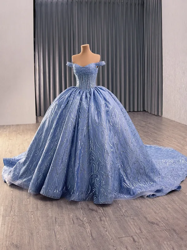 High-end Ocean Blue Handmade  Beading Sequins Prom Dresses 2014 Ball Gown Off-The-Shoulder Sleeveless Backless Royal Train Formal Dresses