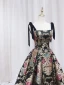 Vintage / Retro Black Printing Satin Prom Dresses 2024 Ball Gown Spaghetti Straps Sleeveless Backless Court Train Prom Formal Dresses