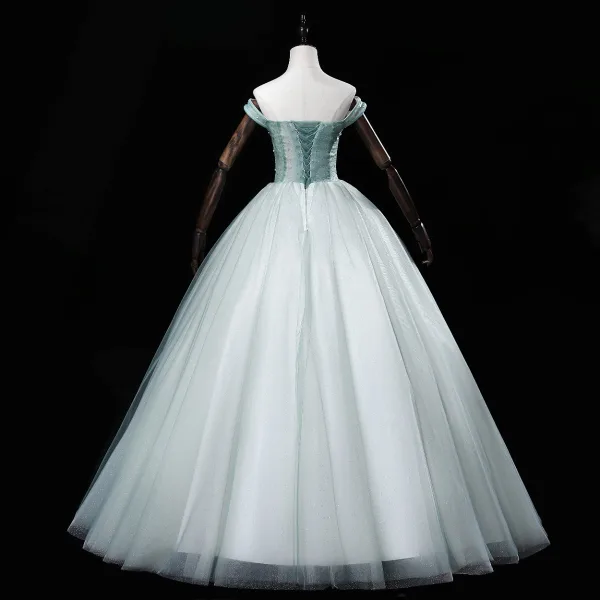 Elegant Mint Green Prom Dresses 2022 Ball Gown Off-The-Shoulder Beading Pearl Rhinestone Sleeveless Backless Floor-Length / Long Prom Formal Dresses