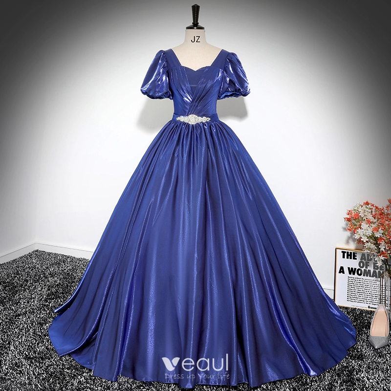 Vintage / Retro Royal Blue Rhinestone Prom Dresses 2024 Ball Gown Square  Neckline Puffy Short Sleeve Backless Floor-Length / Long Prom Formal Dresses