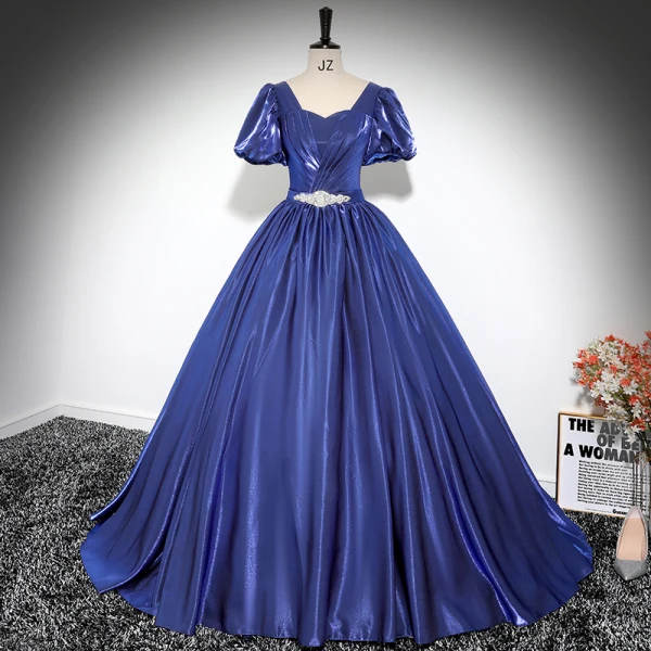 Vintage Retro Royal Blue Rhinestone Prom Dresses 2024 Ball Gown Square Neckline Puffy