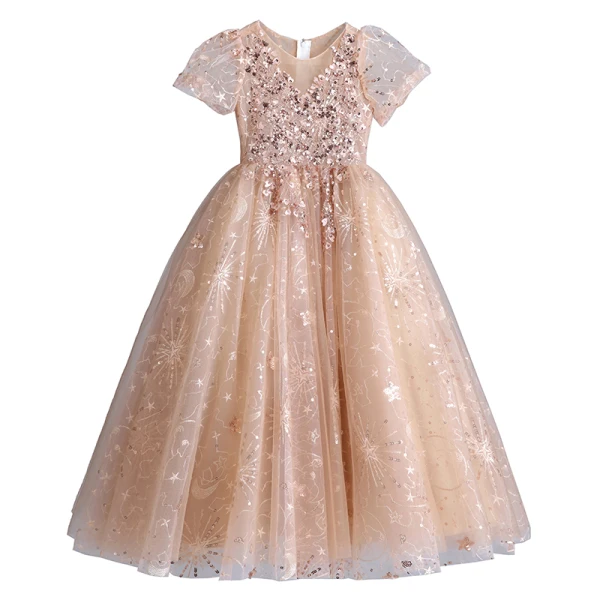 Sparkly Champagne Beading Lace Flower Sequins Birthday Flower Girl Dresses 2022 Ball Gown Scoop Neck Short Sleeve Floor-Length / Long Flower Girl Dresses