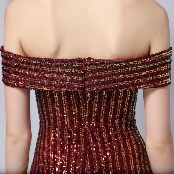 Charming Black Gold Sequins Evening Dresses 2022 Trumpet / Mermaid Off-The-Shoulder Short Sleeve Backless Floor-Length / Long Evening Party Formal Dresses